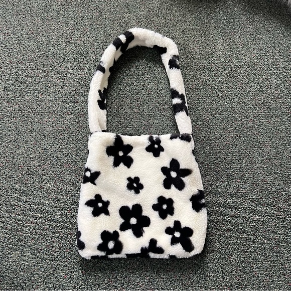 Handbags - Fuzzy Furry Soft Black & White Floral Cow Print Medium Casual Shoulder Tote Bag
